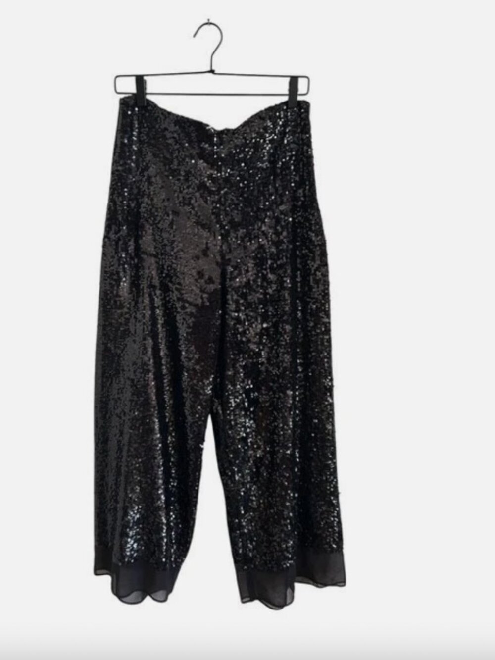 ZARA Sparkly Black Sequin Pants High Waisted Wide Leg Cropped Size Large